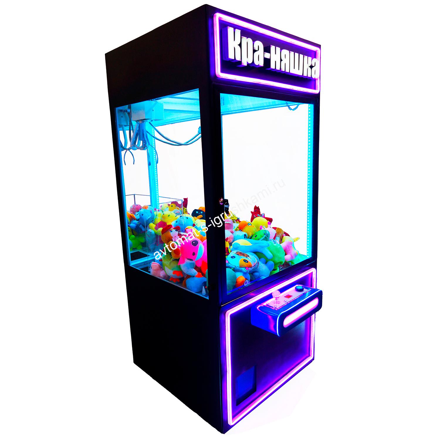 Автомат с игрушками выполнен в черном металлическом корпусе. Яркий вид с фиолетовой подсветкой придает современный дизайн. Автомат полностью адаптирован под российский рынок, имеет несколько степеней защиты, проушины под замок , а так же оснащен секретом на открытие основного отсека с деньгами.